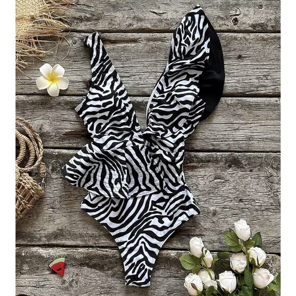 Women One Piece Swimsuit Sexy Zebra V Neck Small Swimwear Ruffle Bathing Beach - Picture 1 of 11